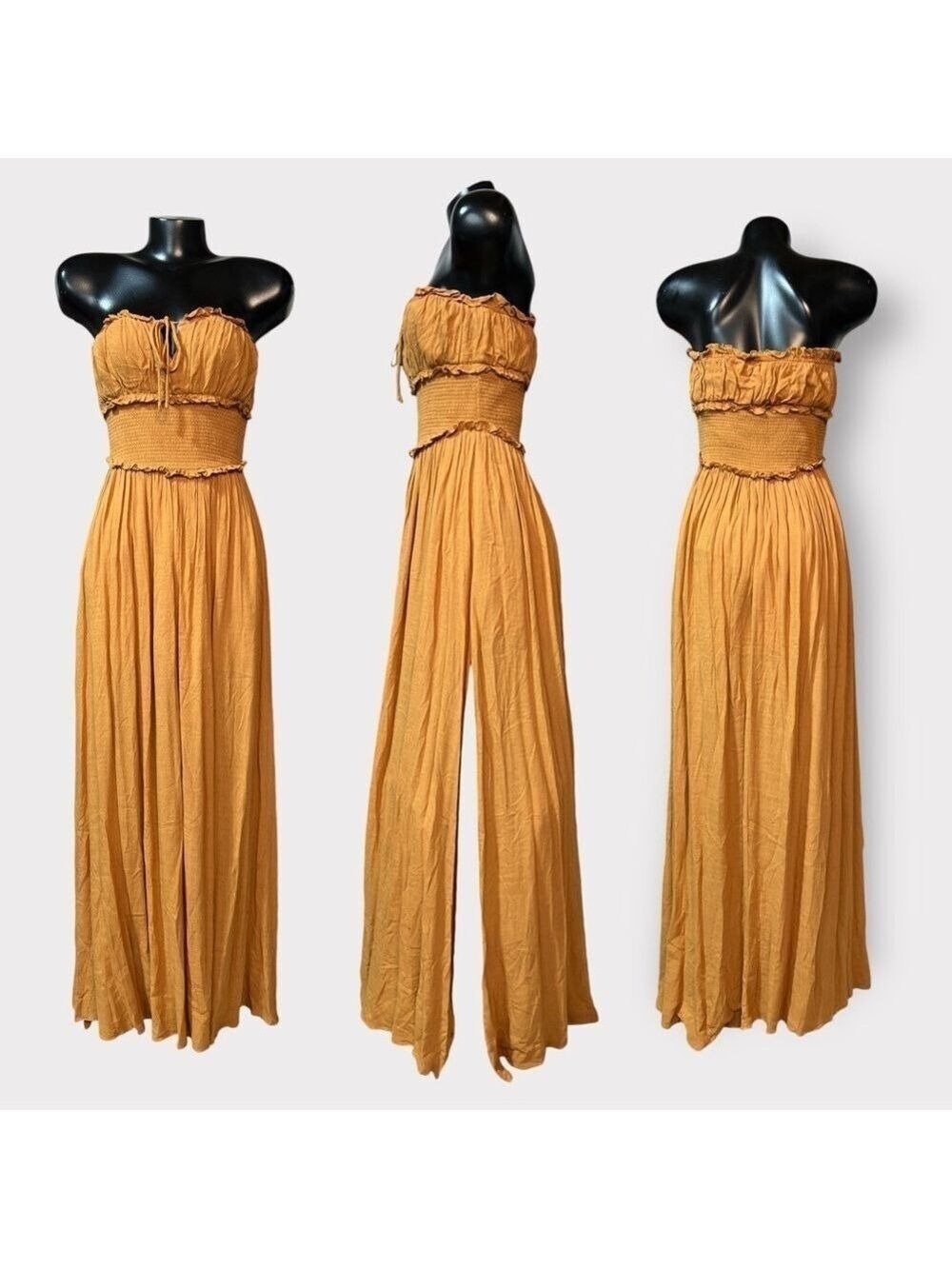 83 Mustard Seed NEW Strapless Boho Maxi SideSlit Dress SMALL Cottage Clay Yellow